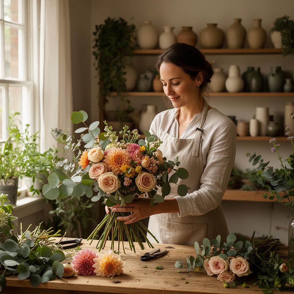 Bloom & Briar florist preparing a bespoke arrangement in Leeds